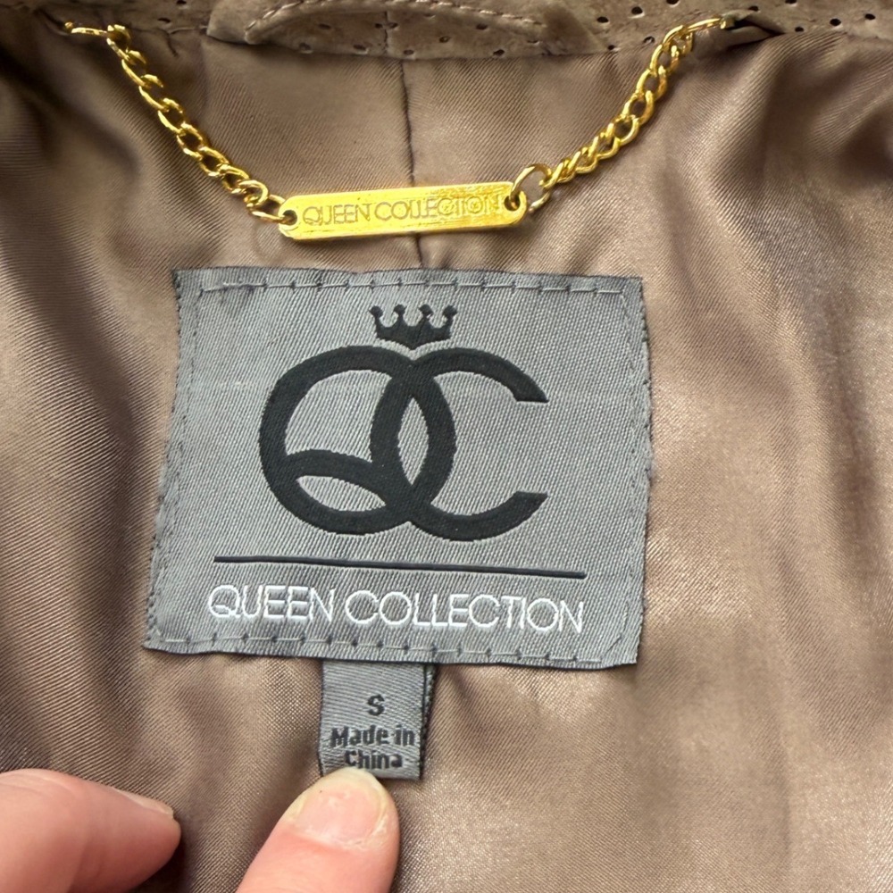Queen Collection Taupe Suede Moto Jacket Perforated Gold Zip S View 5